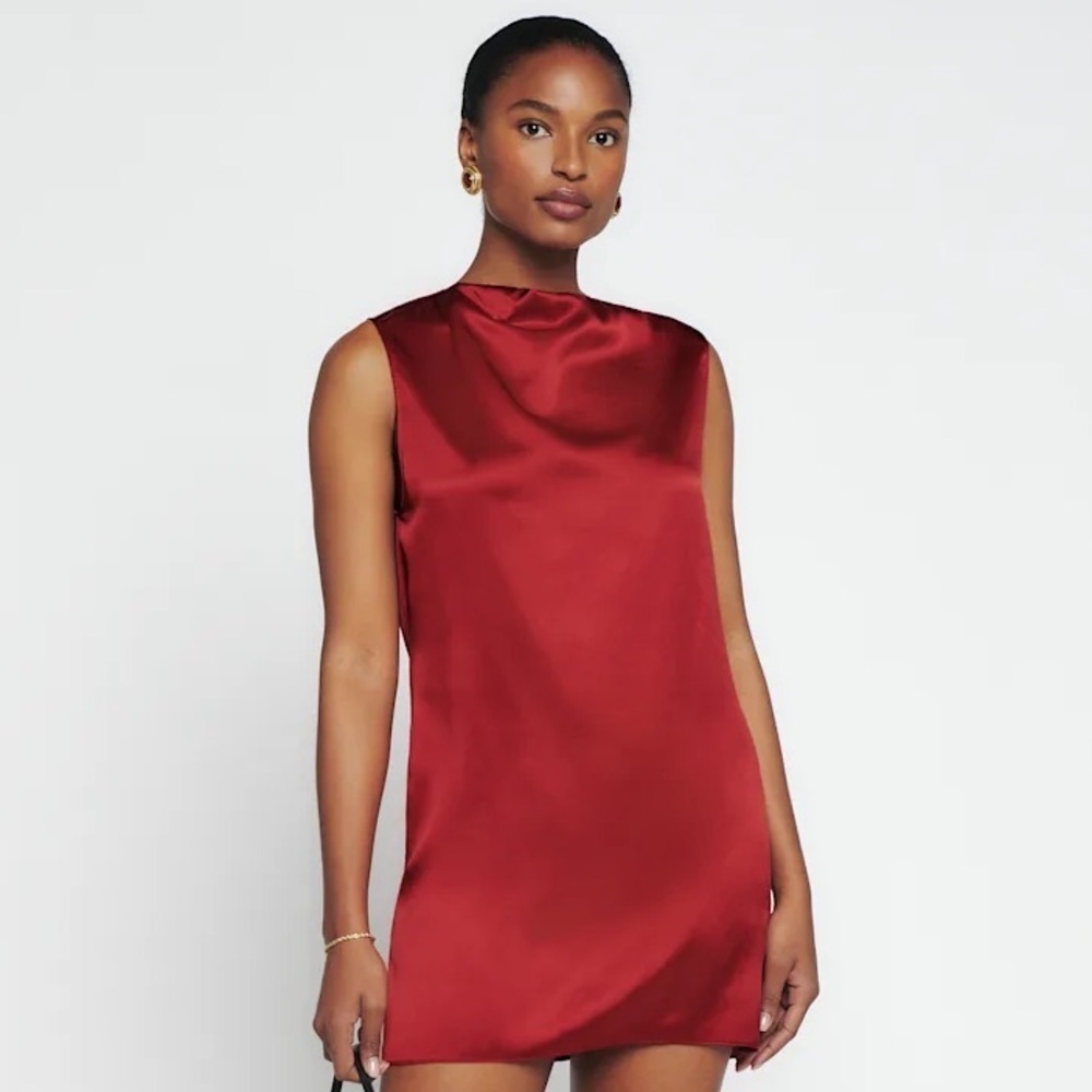 NWT Reformation Serina Silk Mock High Boat Neck Sleeveless Mini Dress Sangre Red
